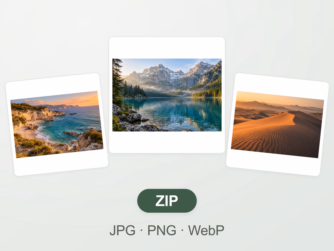 Alpine lake, sunset coast, and sand dune photographs arranged as a matching set of square images with JPG, PNG, WebP, and ZIP export labels.