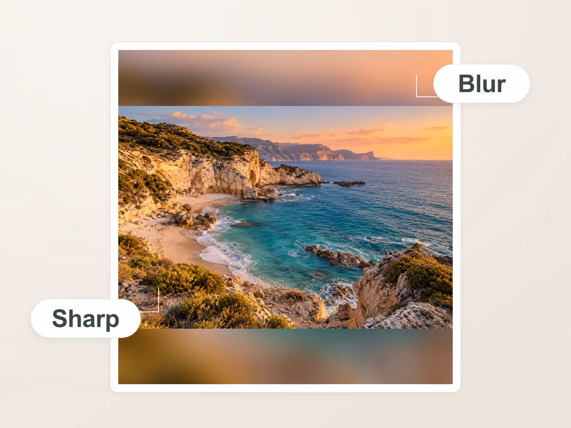 A sharp sunset coastline photograph centered inside a square filled with a softly blurred version of the same sea and cliffs.