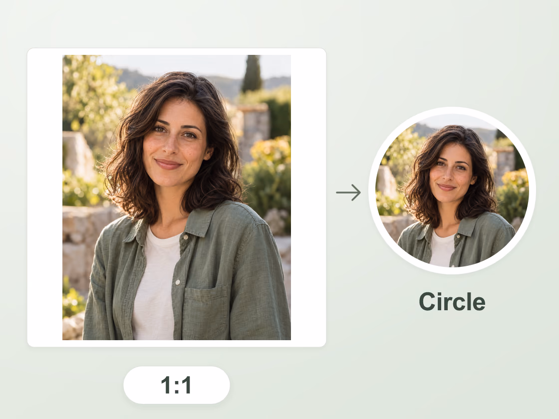 A natural-light portrait of a woman in a sage-green shirt fitted into a square without cropping, alongside a circular avatar preview of the same person.